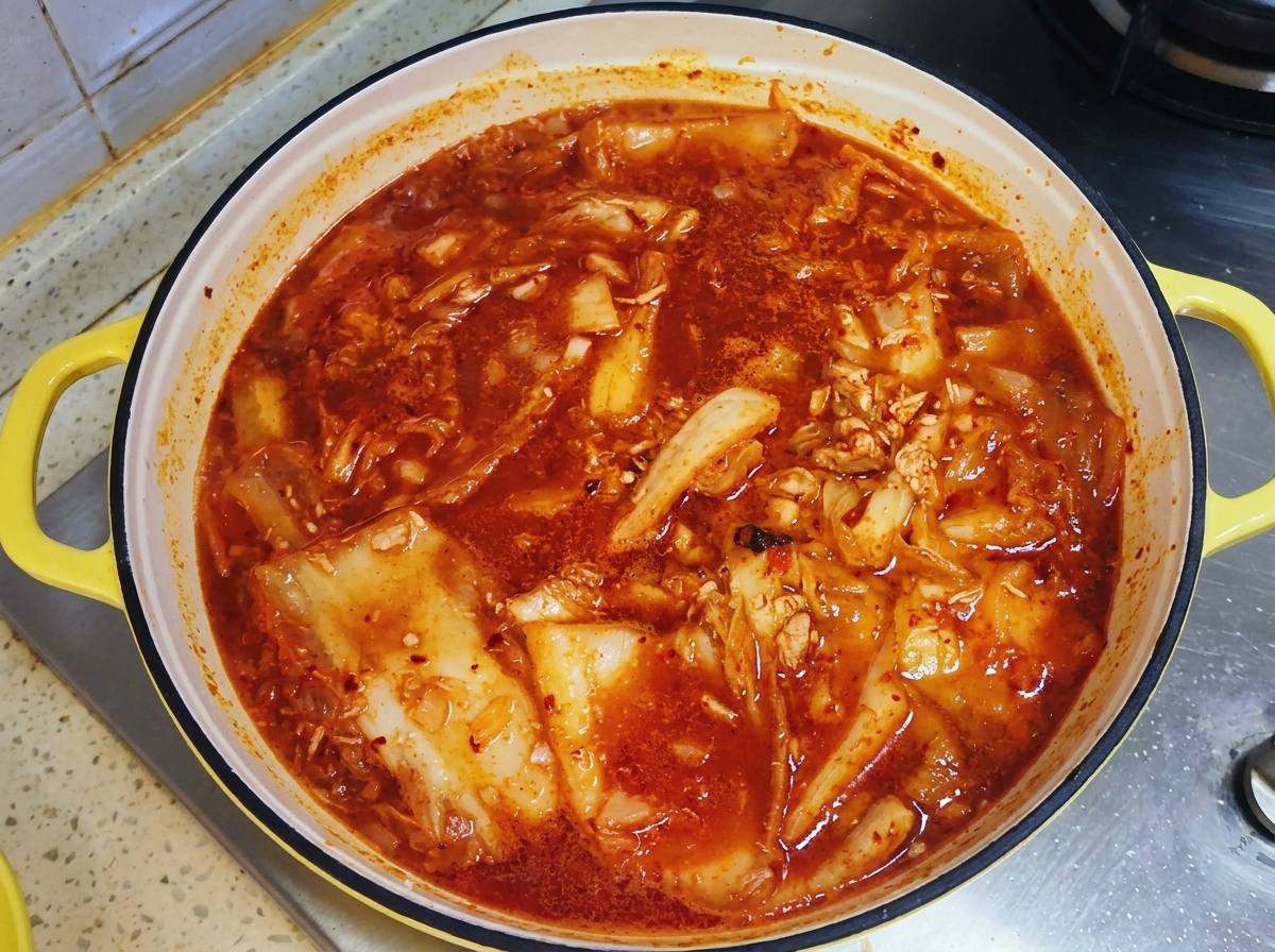 Une poêle à poignée jaune remplie de ragoût de kimchi rouge bouillonnant, recouverte dun couvercle pour mijoter.
