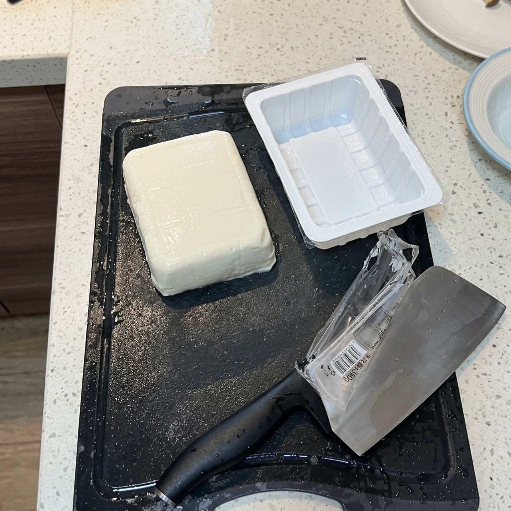 Un bloc de tofu soyeux soigneusement coupé en morceaux avec un couteau sur une planche à découper.