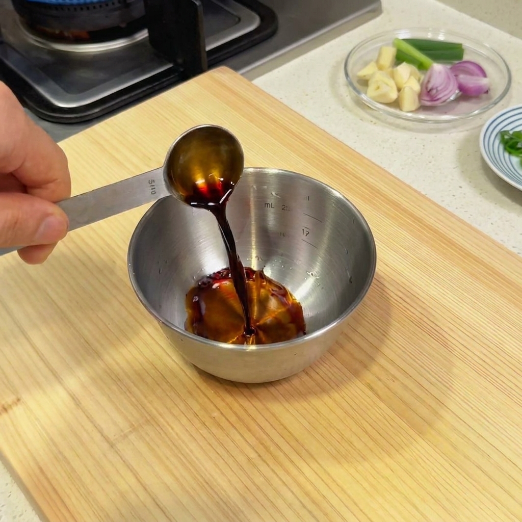 Ajout de liquide dassaisonnement sombre dans un bol mélangeur en métal pour préparer la base de la sauce au poivre noir.