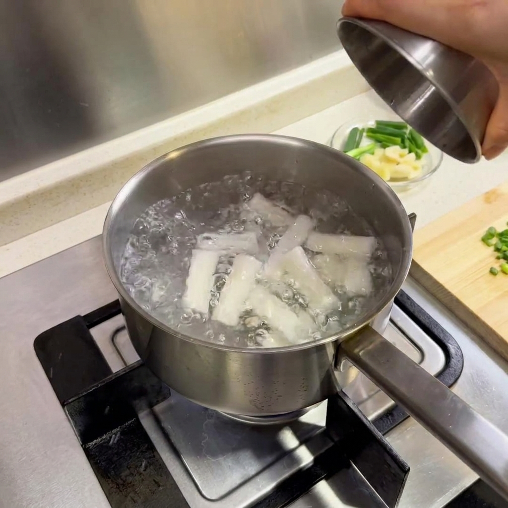 Bâtonnets de gâteaux de riz en train de bouillir vigoureusement dans une casserole en inox sur une cuisinière à gaz.