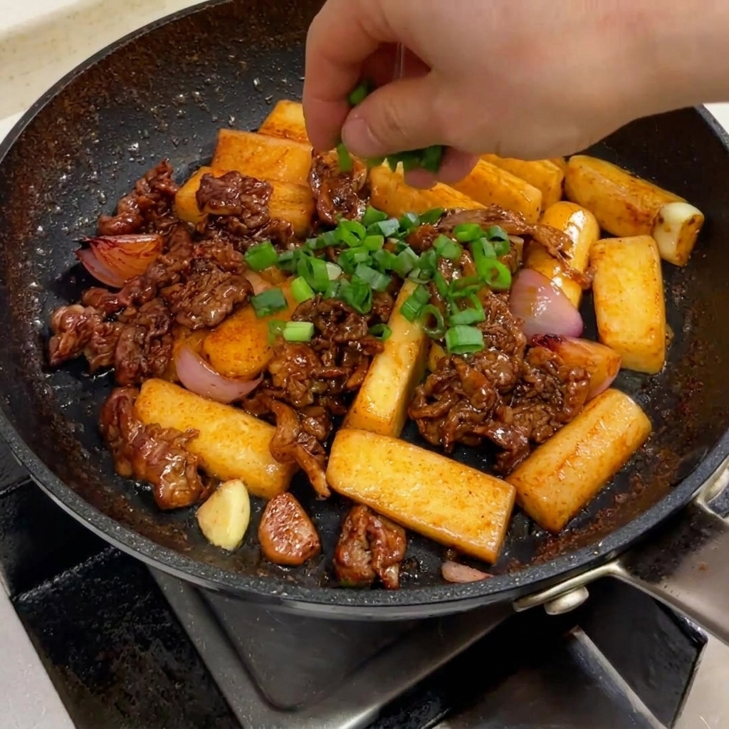 Oignons verts hachés saupoudrés à la main sur un sauté de bœuf et de gâteaux de riz grésillant.
