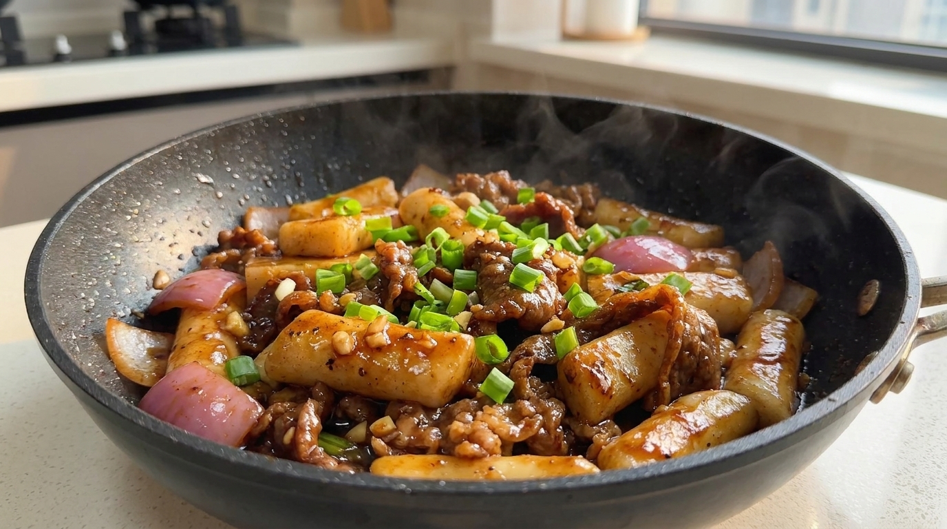 Sauté de Bœuf au Poivre Noir et Gâteaux de Riz