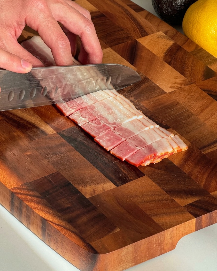 Mains utilisant un couteau pour trancher des bandes de bacon sur une planche à découper en bois.