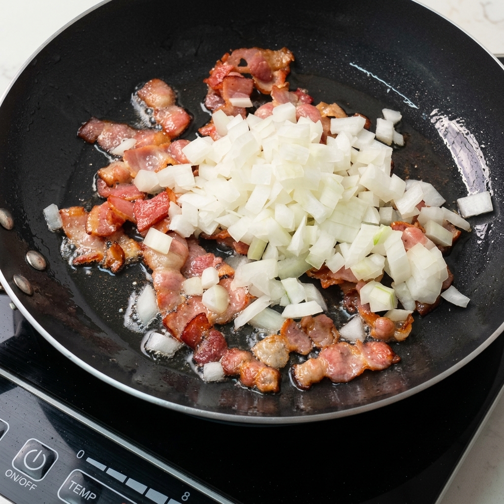 Oignons blancs finement hachés ajoutés sur le bacon en train de frire dans une poêle chaude.