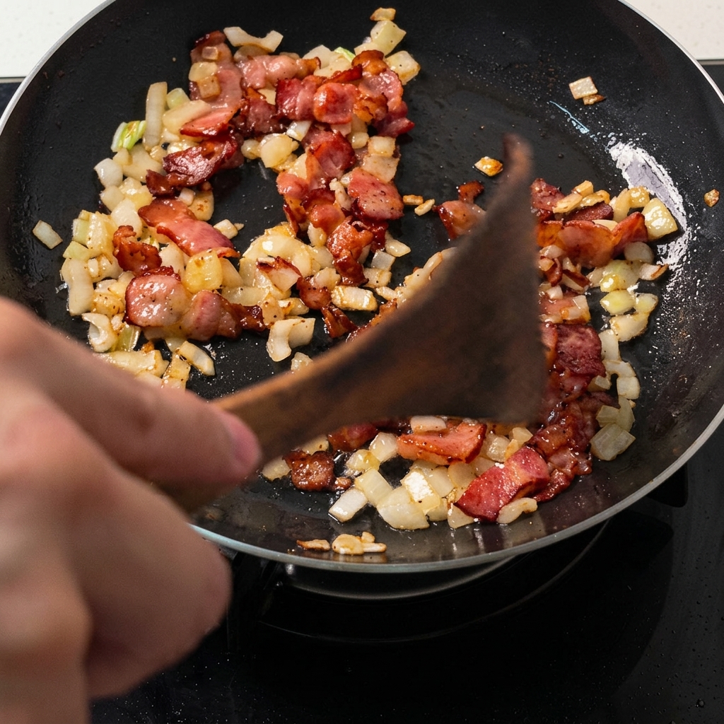 Une spatule en bois repoussant un mélange de bacon cuit et doignons pour former des espaces circulaires creux dans la poêle.