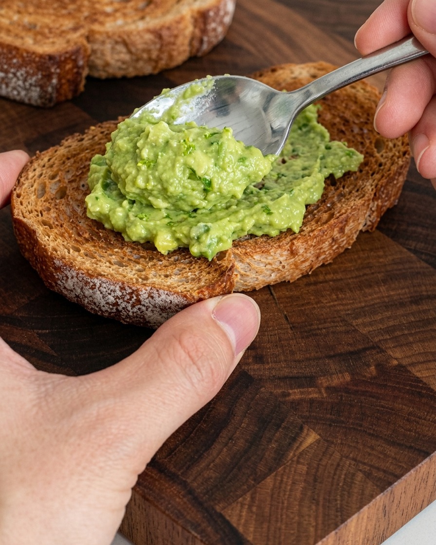 Une cuillère en argent étalant de la purée davocat verte sur une tranche de pain grillé croustillant sur une planche en bois.