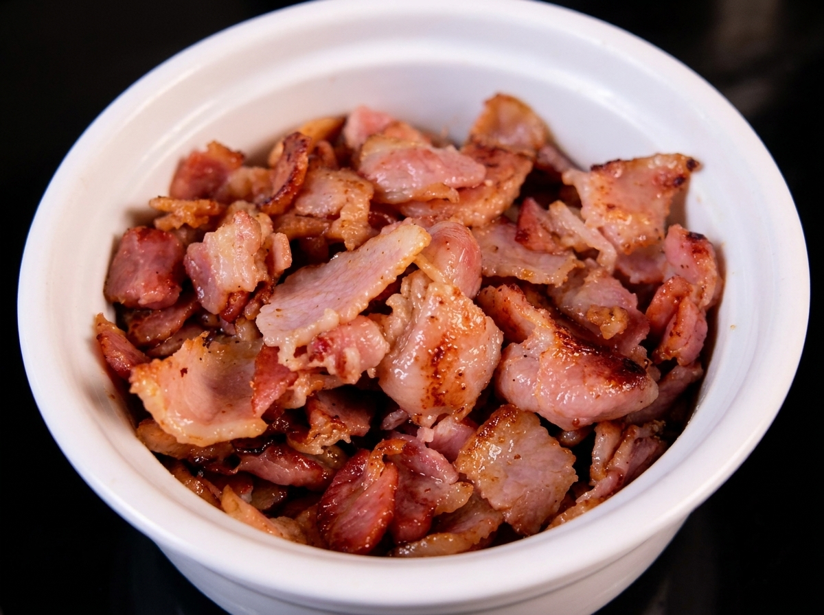 Un bol rempli de morceaux de bacon fraîchement cuits et croustillants.