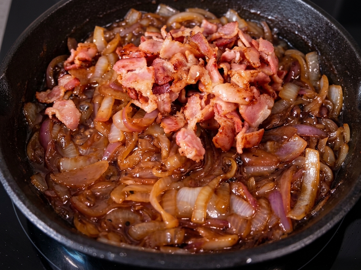 Des éclats de bacon croustillant empilés sur des oignons caramélisés dans une poêle en fonte.