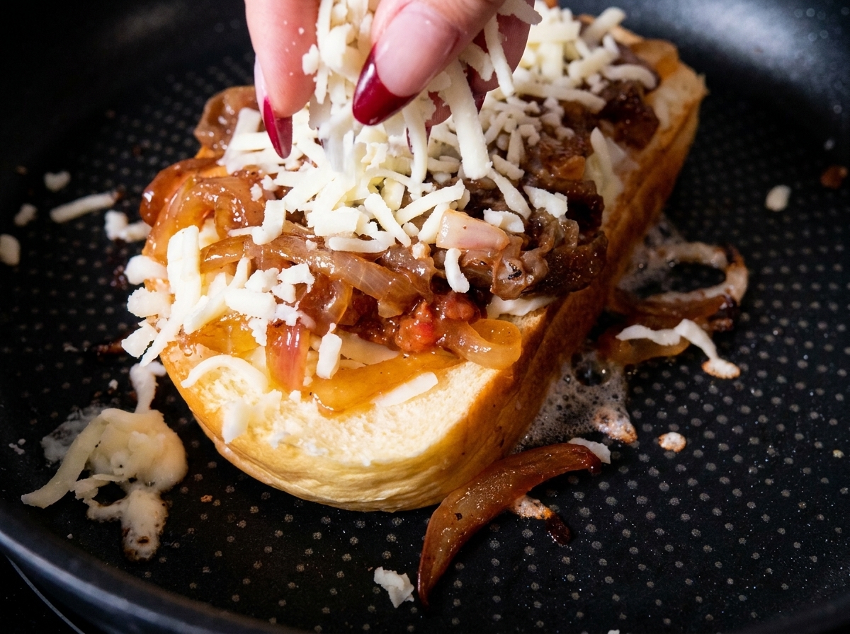 Des doigts saupoudrant une deuxième couche de mozzarella râpée sur la riche garniture au bacon et aux oignons.