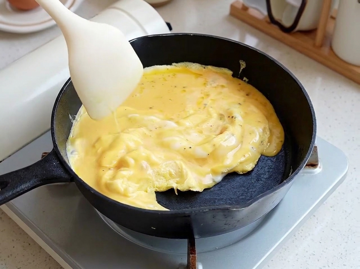 Une spatule en silicone blanche pliant délicatement des œufs jaunes cuits et moelleux dans une poêle noire.