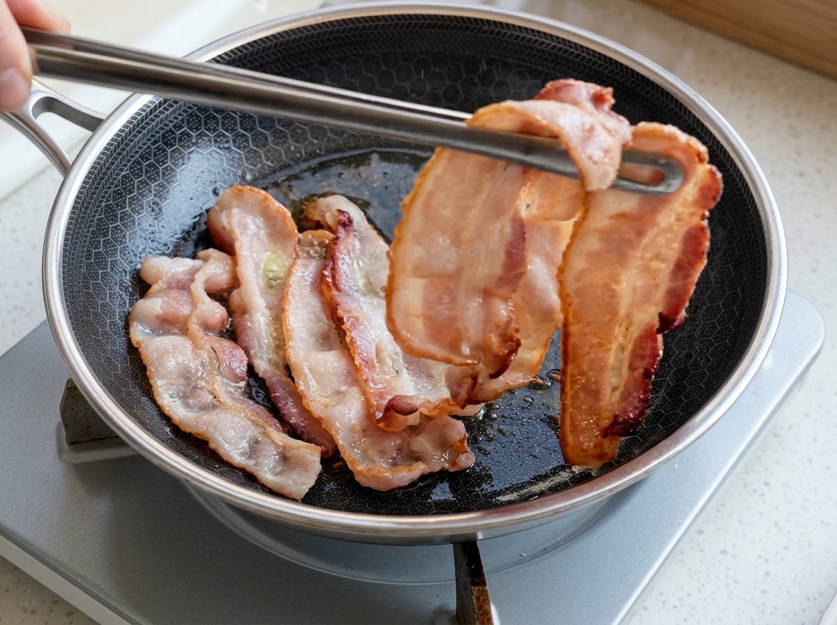 Des pinces en métal soulevant un morceau de bacon doré et croustillant dune poêle chaude remplie dautres tranches de bacon.