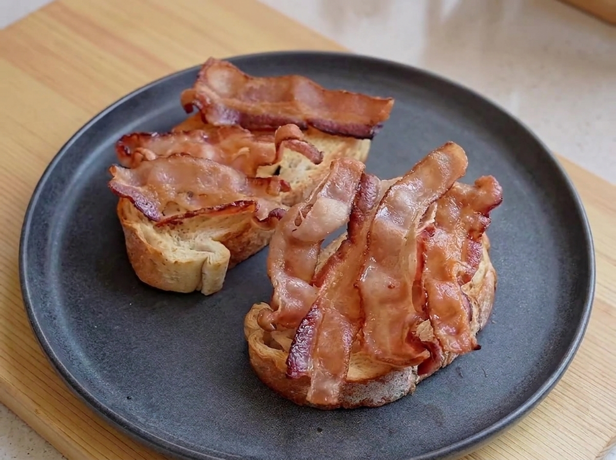 Une assiette sombre contenant des tranches de pain grillé garnies de couches de bacon cuit et ondulé.