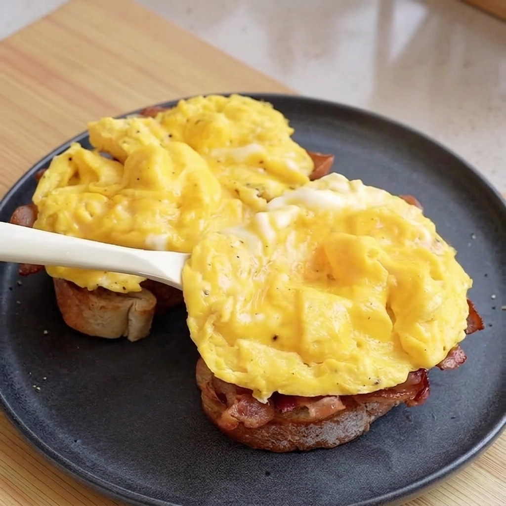Une spatule blanche déposant un dôme dœufs brouillés moelleux et repliés sur la tartine garnie de bacon sur une assiette sombre.