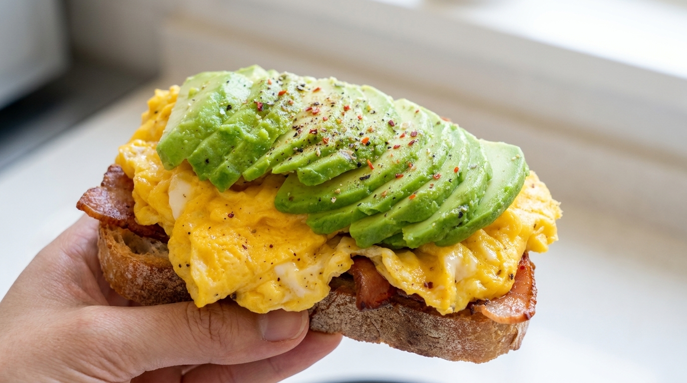 Sandwich d'Oeufs Brouillés au Bacon et Avocat avec Café Glacé
