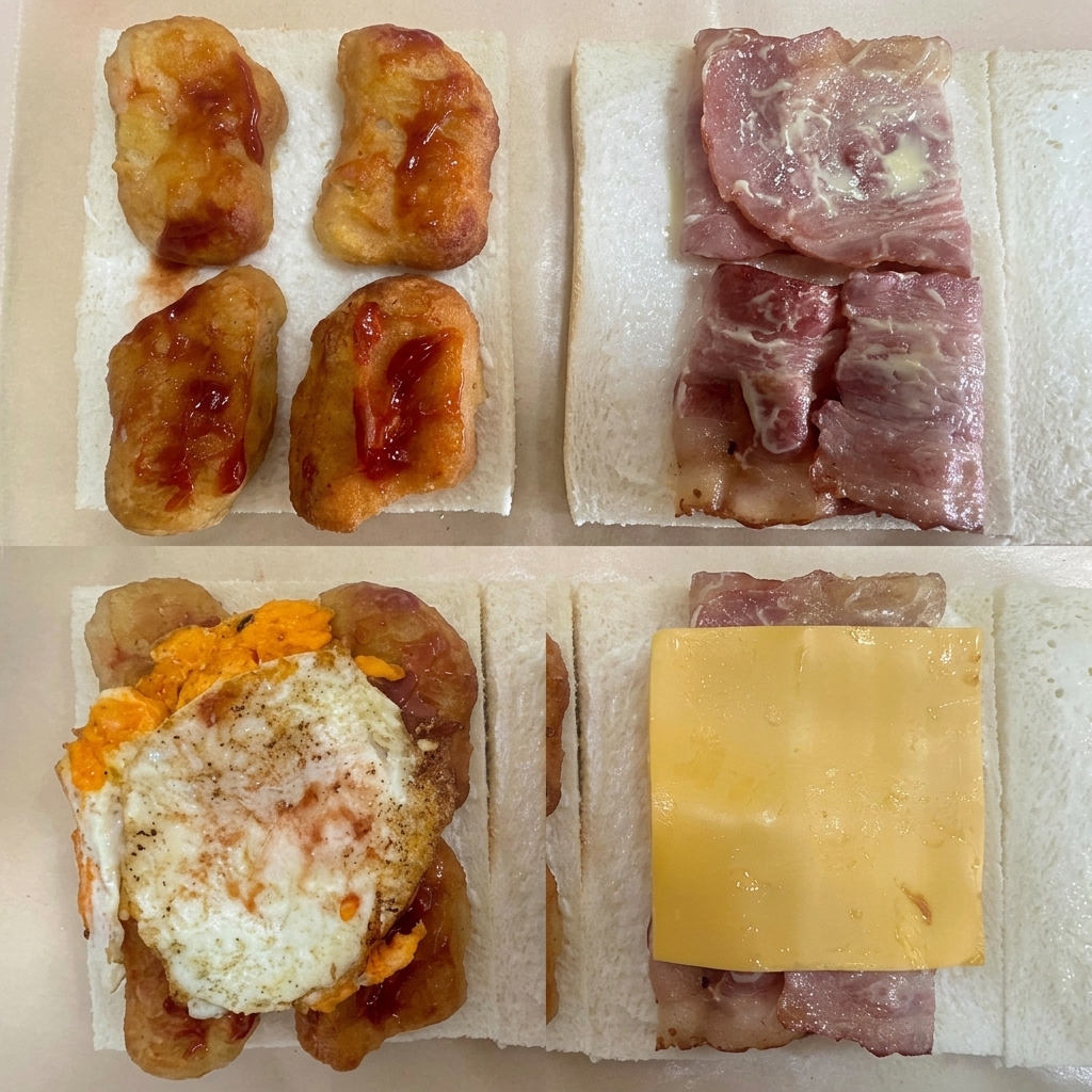 Image composite montrant le montage : nuggets de poulet avec du ketchup, tranches de bacon avec de la moutarde au miel, un œuf au plat sur les nuggets et une tranche de fromage jaune sur le baconcite: 1.