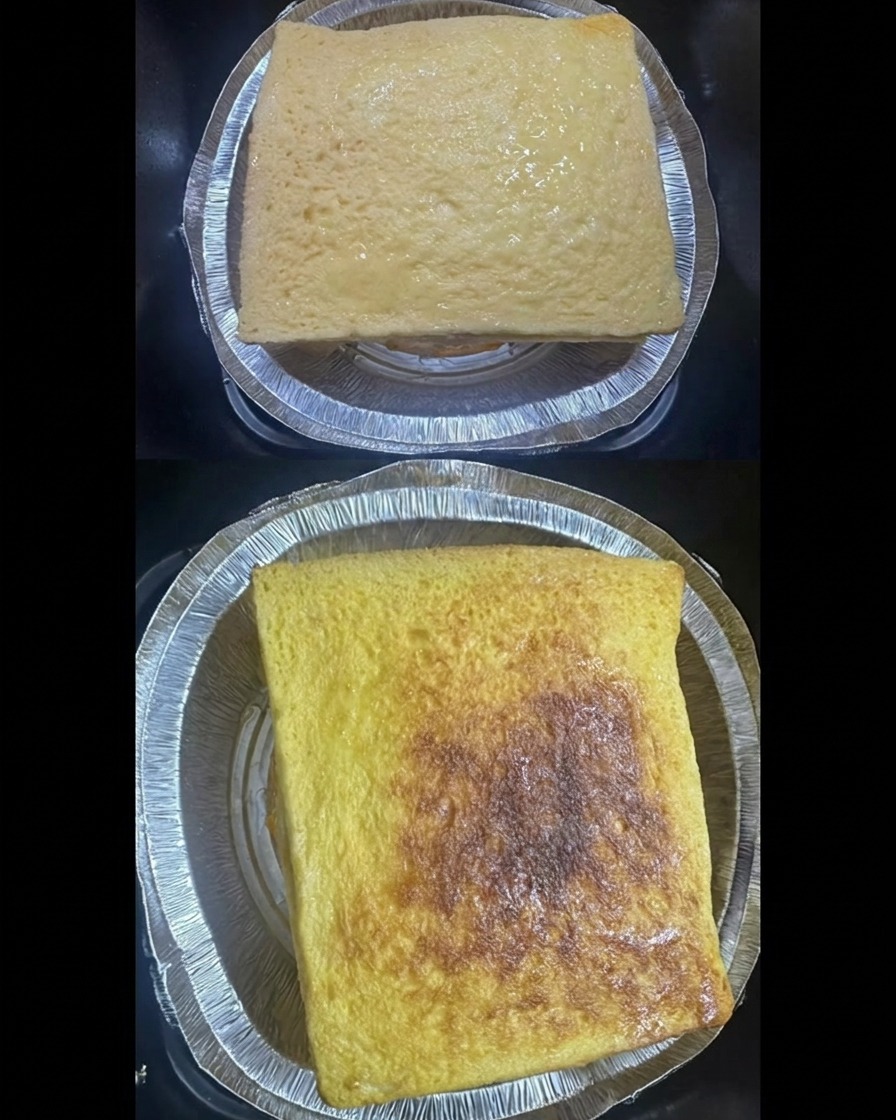 Vue divisée montrant le sandwich enrobé dœuf cru dans une barquette en aluminium avant la cuisson, puis le magnifique sandwich final, doré et croustillant après son passage à lAir Fryercite: 1.