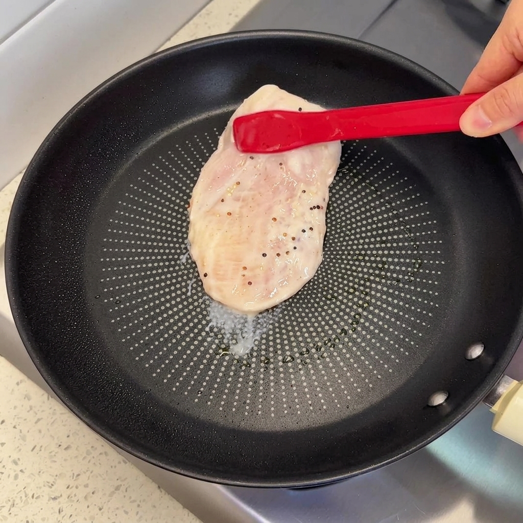Des pinces en silicone rouge déposant un blanc de poulet cru dans une poêle noire.
