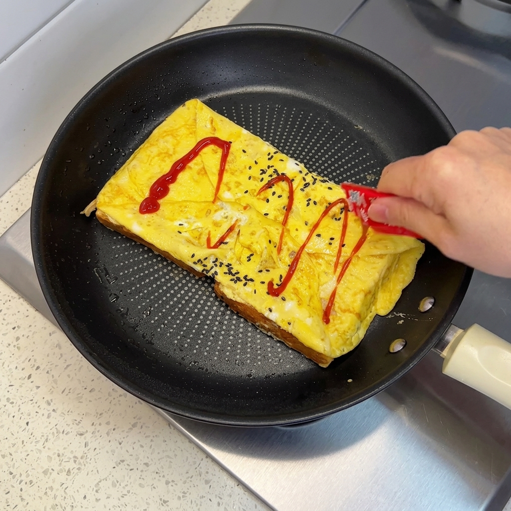 Une main pressant du ketchup dun petit sachet en zigzag sur un œuf plié dans une poêle.