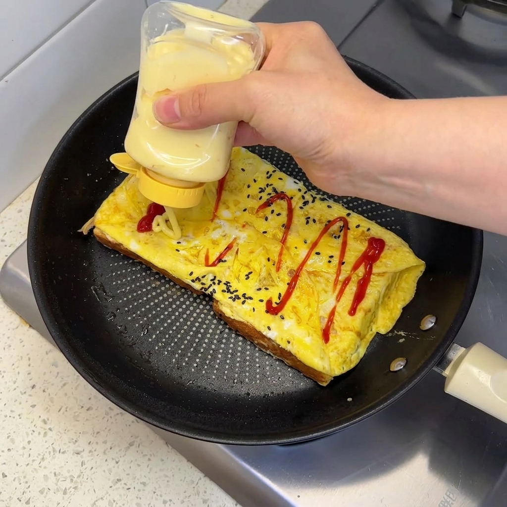 Une main pressant de la mayonnaise dune bouteille sur un œuf plié surmonté de ketchup dans une poêle.