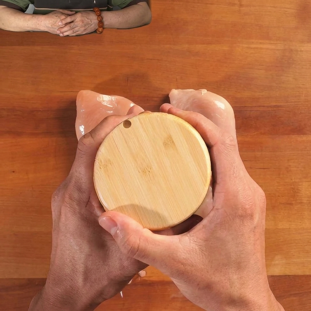 Blancs de poulet crus disposés sur une planche en bois en train dêtre assaisonnés avec des épices.