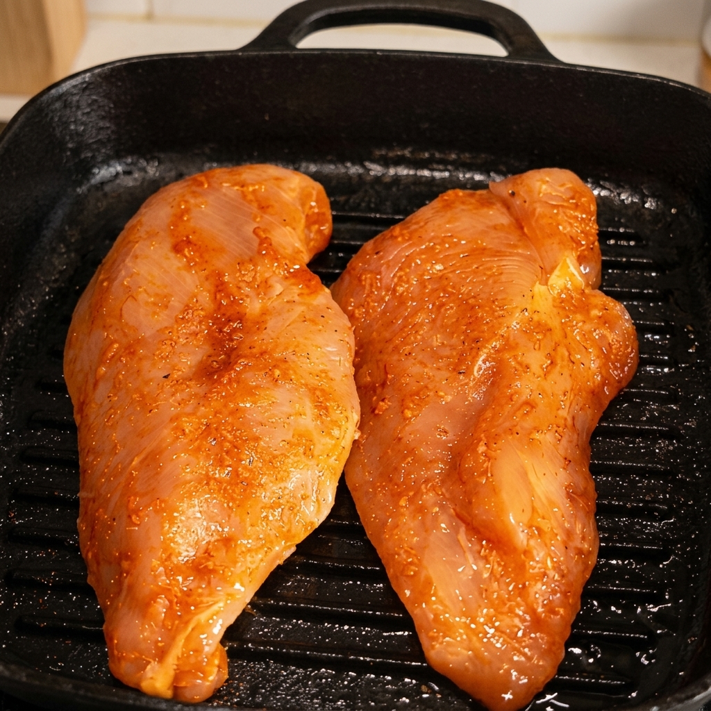 Deux blancs de poulet en train de saisir dans une poêle-gril noire avec des marques de grill.