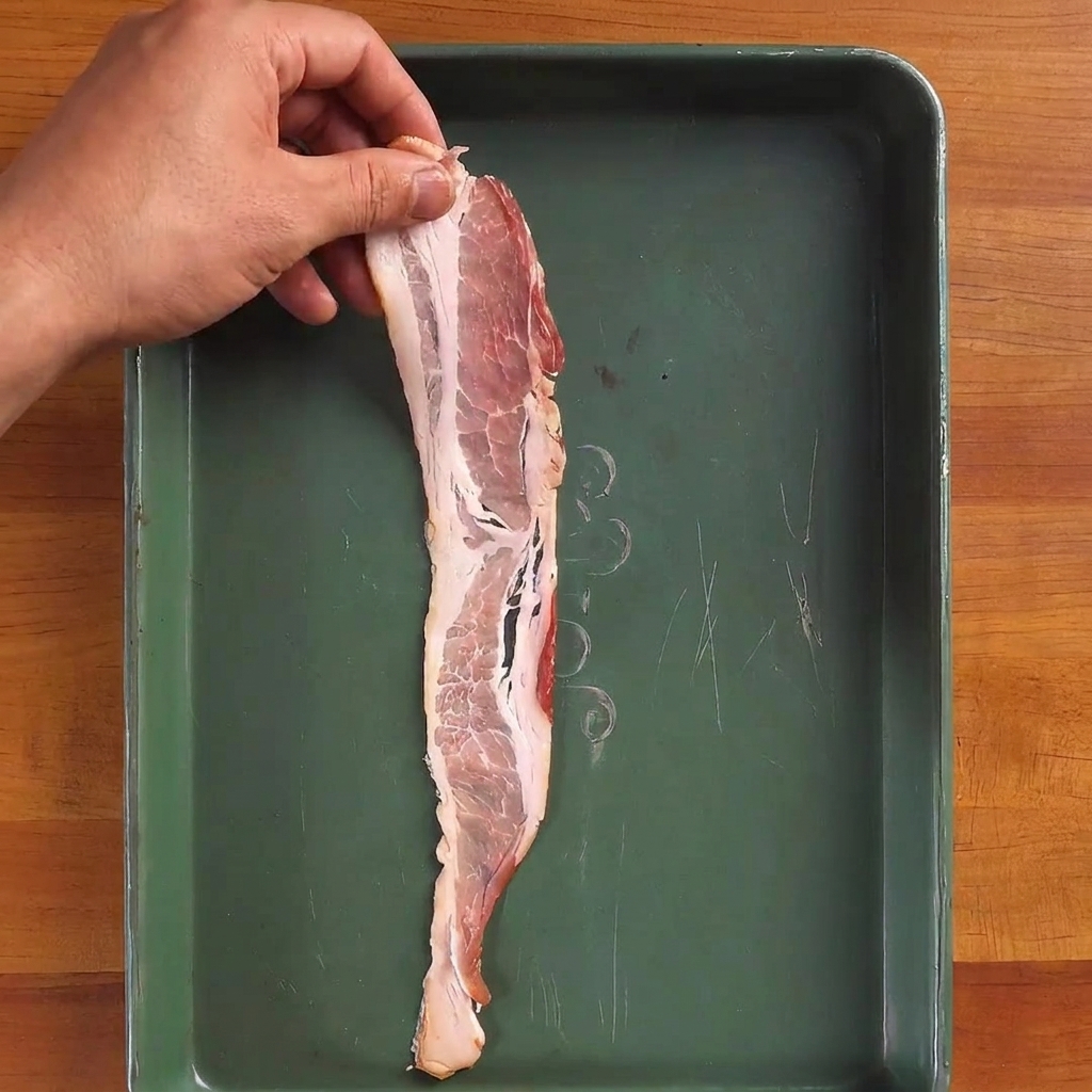 Une seule tranche de bacon cru tenue verticalement au-dessus dun plateau de préparation vert.