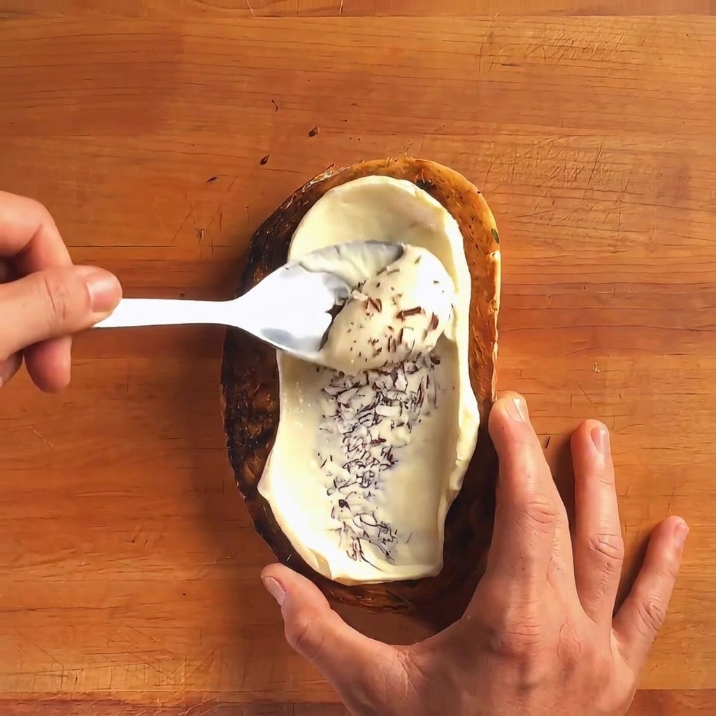 Une tranche de pain toastée garnie dune sauce crémeuse à laide dune cuillère sur une planche en bois.