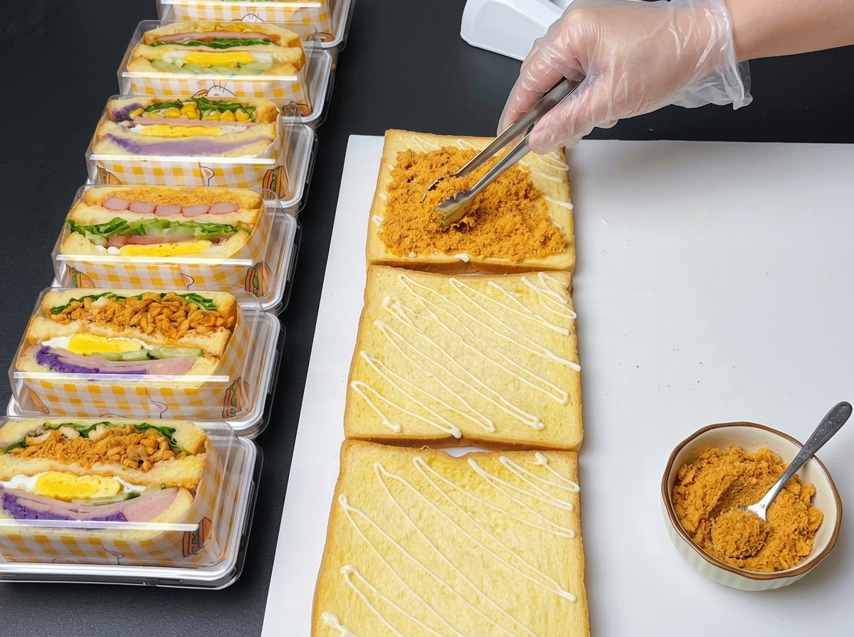 Utilisation de petites pinces métalliques pour répartir uniformément leffiloché de poulet séché doré sur une tranche de pain.