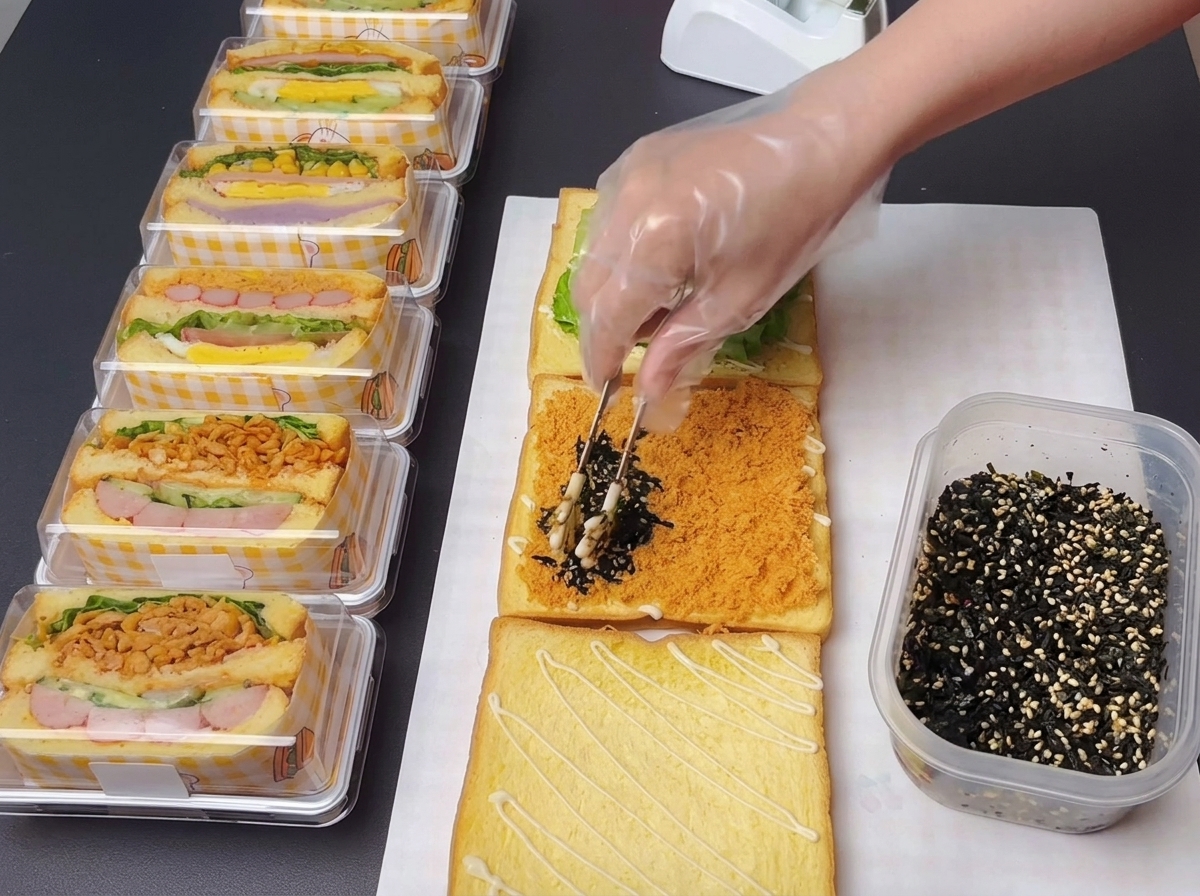 Des pinces déposant un mélange sombre dalgue nori émincée et de graines de sésame blanc sur un lit de poulet séché.