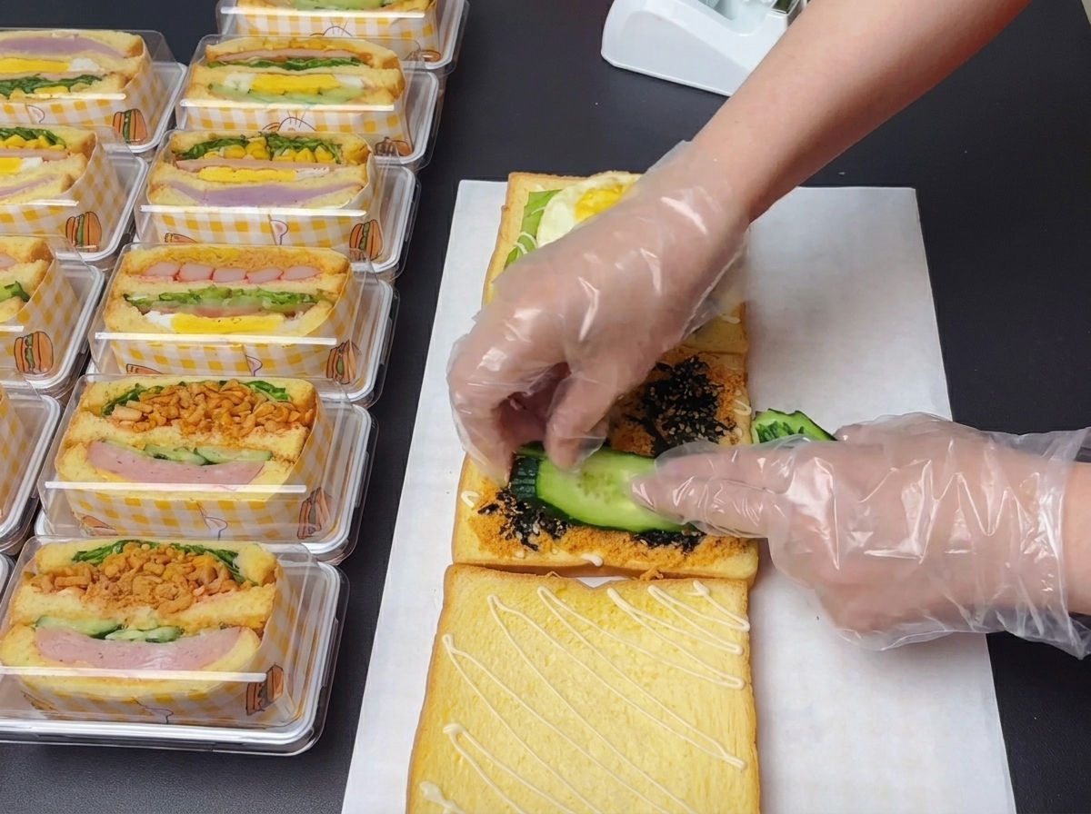 Des mains gantées disposant proprement quatre fines rondelles de concombre sur le nori et le poulet séché.