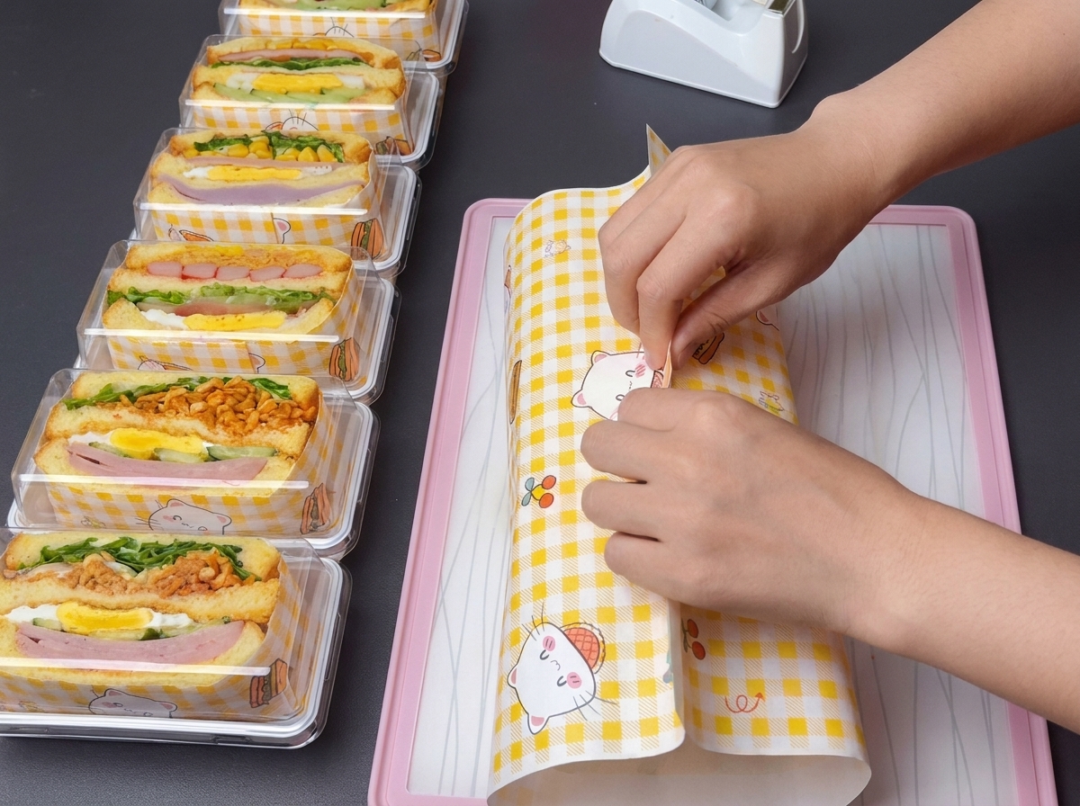 Le sandwich entièrement monté étant fermement enveloppé dans un papier à motifs jaunes et blancs.