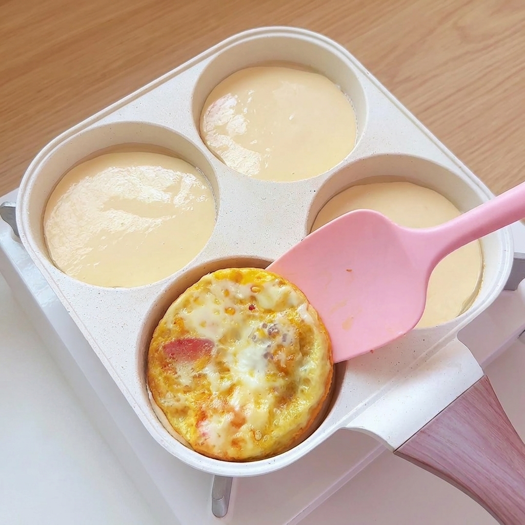 Galettes dœufs pré-cuites placées sur la couche de pâte liquide dans les compartiments de la poêle.