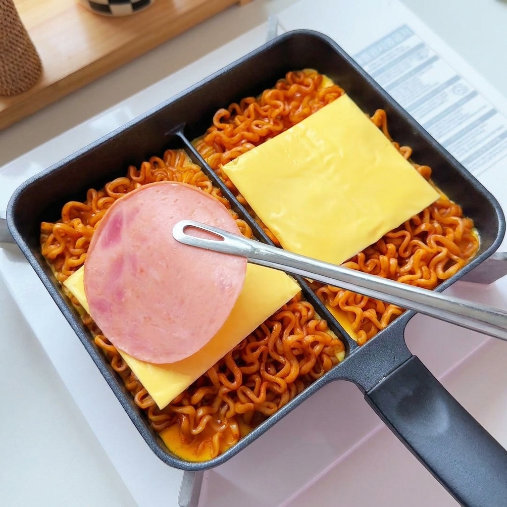 Tranches de fromage et de jambon disposées sur la base de nouilles à laide de pinces métalliques.