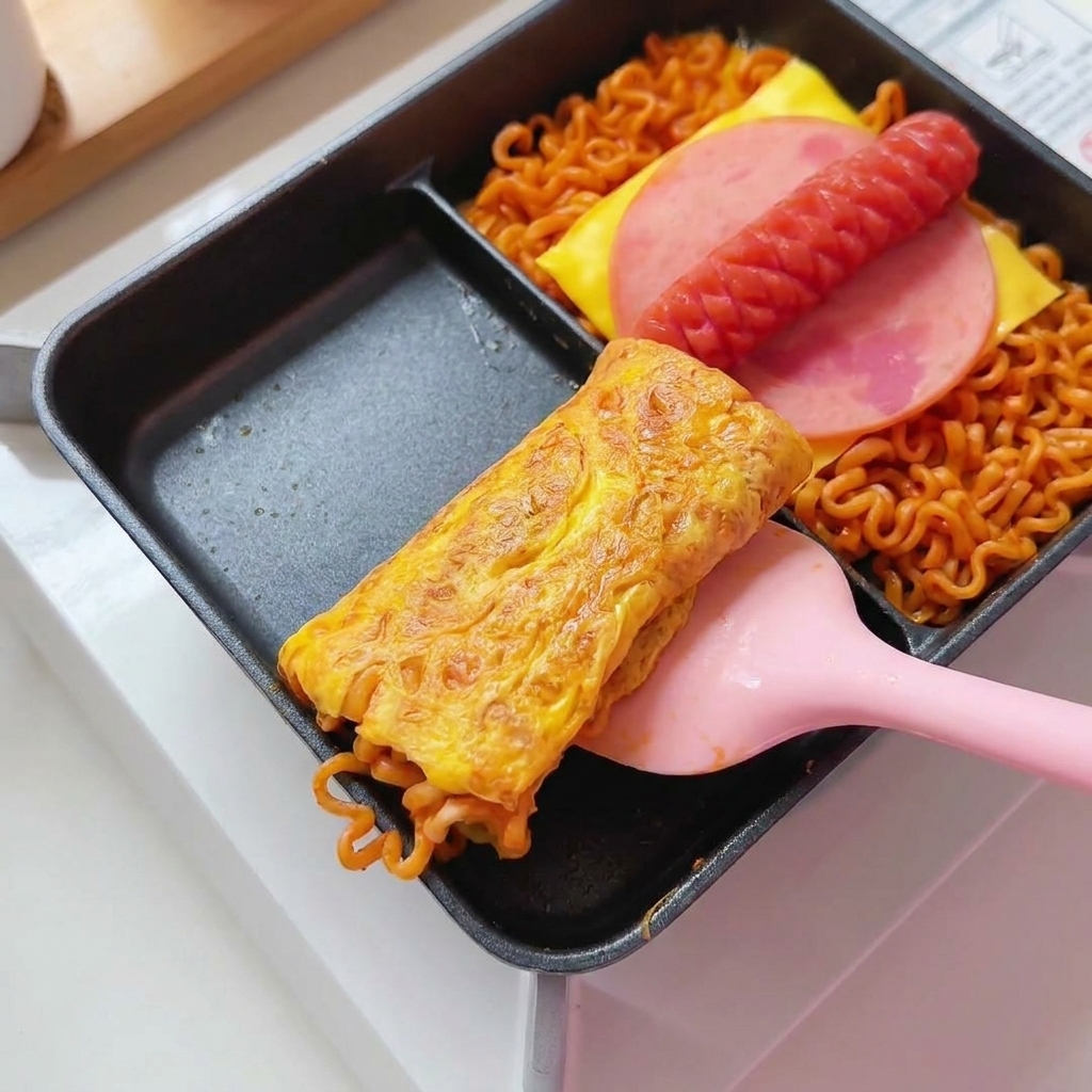 Une spatule rose enroulant un rouleau dœuf et de nouilles cuit à lintérieur dune poêle rectangulaire.