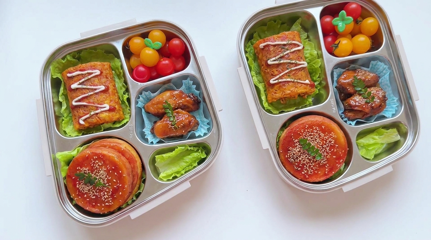 Bento Box Ultime pour Enfants : Burgers de Viande et Œuf, Rouleaux de Nouilles Épicées et Ailes de Poulet au Cola