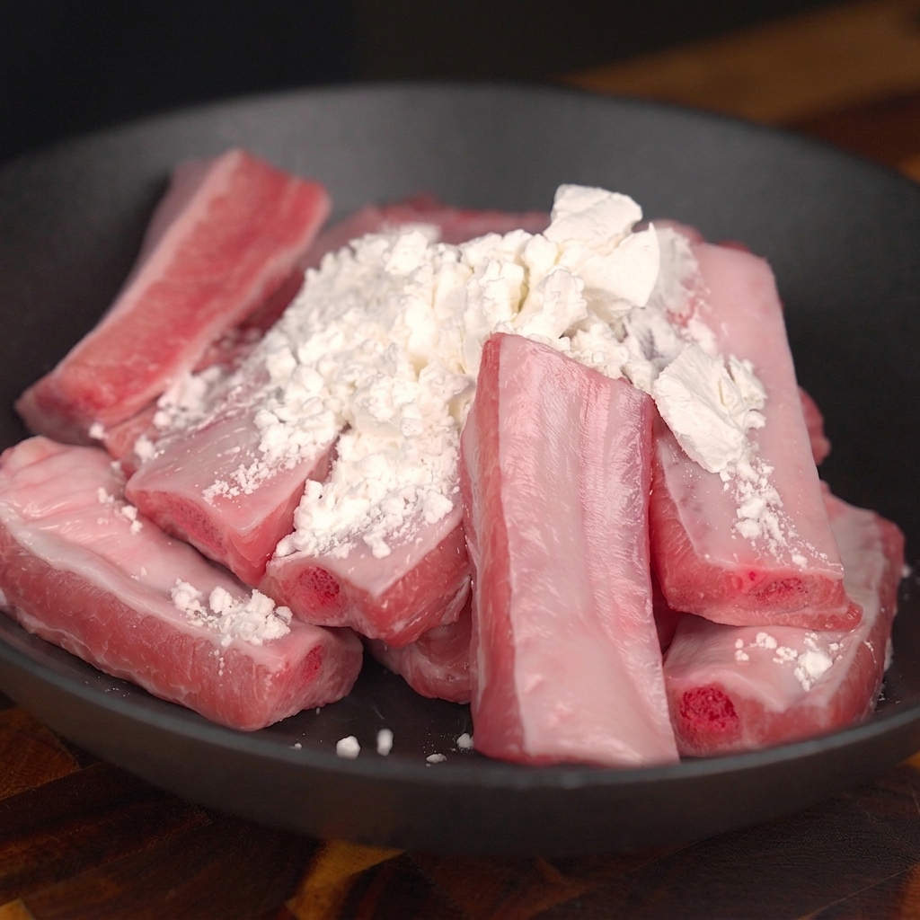 Travers de porc crus dans un bol sombre, saupoudrés dun monticule de fécule blanche.