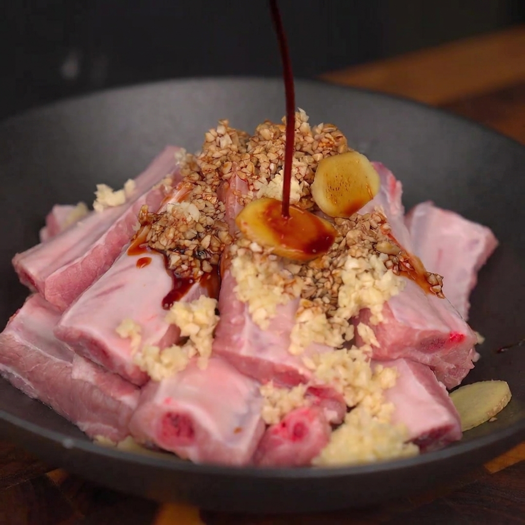 Une sauce liquide et foncée versée sur des travers de porc crus garnis dail haché et de rondelles de gingembre dans un bol sombre.