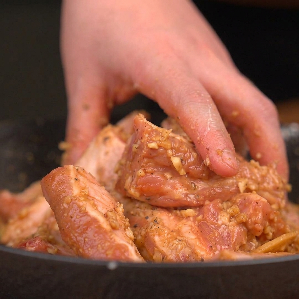 Une main mélangeant activement des travers de porc crus avec une épaisse marinade riche en ail dans un bol.