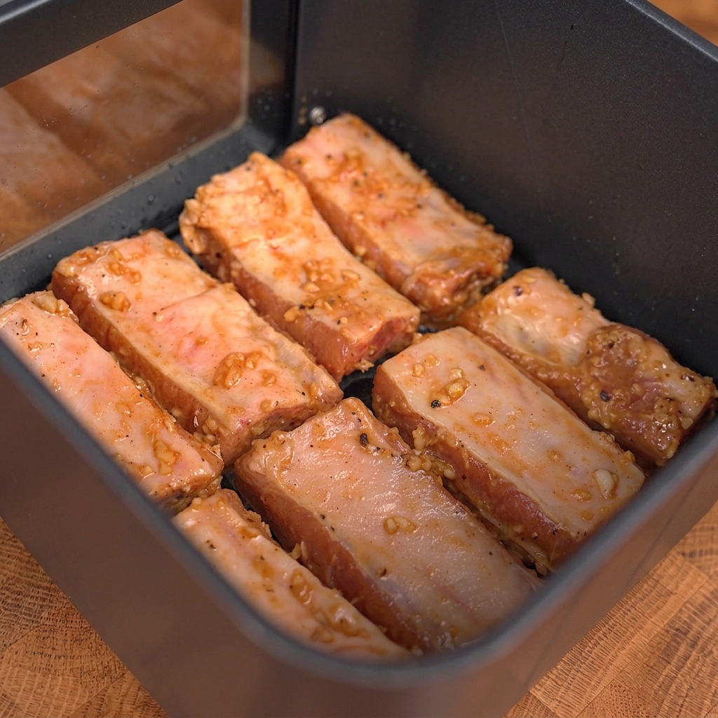De lhuile pulvérisée sur les travers de porc à lintérieur de lAir Fryer.