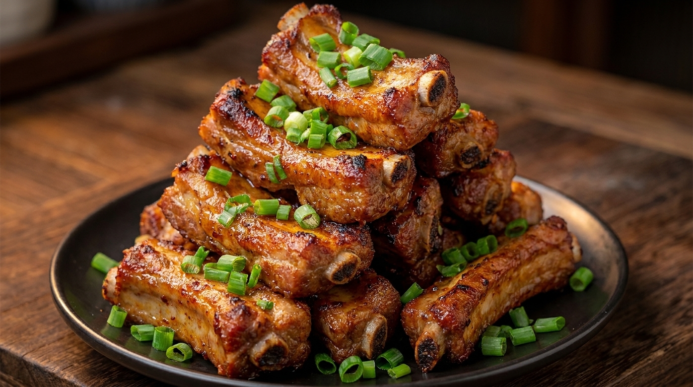 Une belle portion généreuse de travers de porc rôtis et dorés, parsemés de jeunes oignons verts sur une assiette sombre.