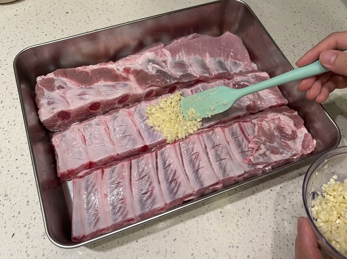 De lail frais émincé déposé à la surface de travers de porc crus à laide dune spatule en silicone.