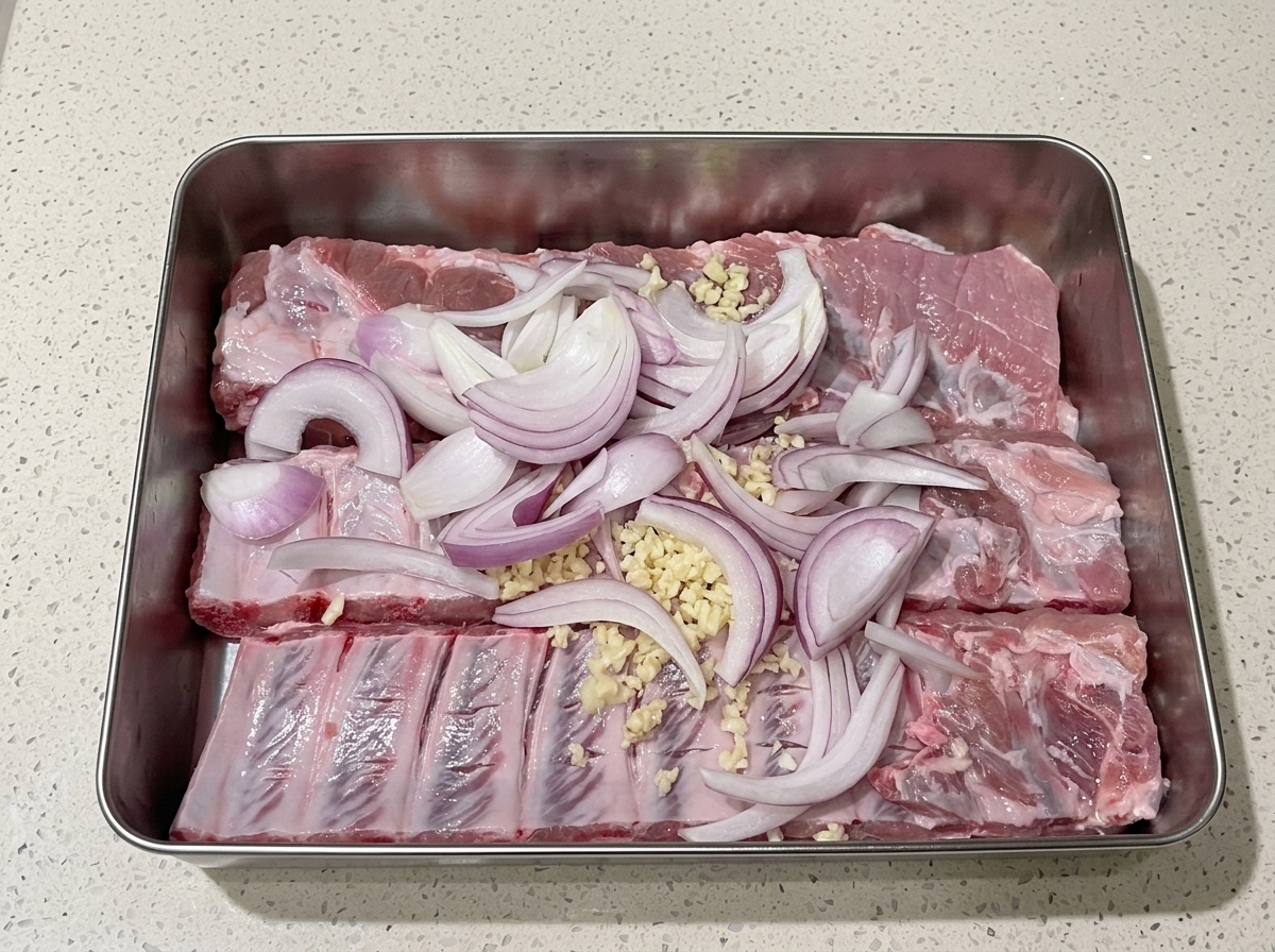 Des oignons rouges tranchés répartis sur les travers de porc tandis que du jus est appliqué.