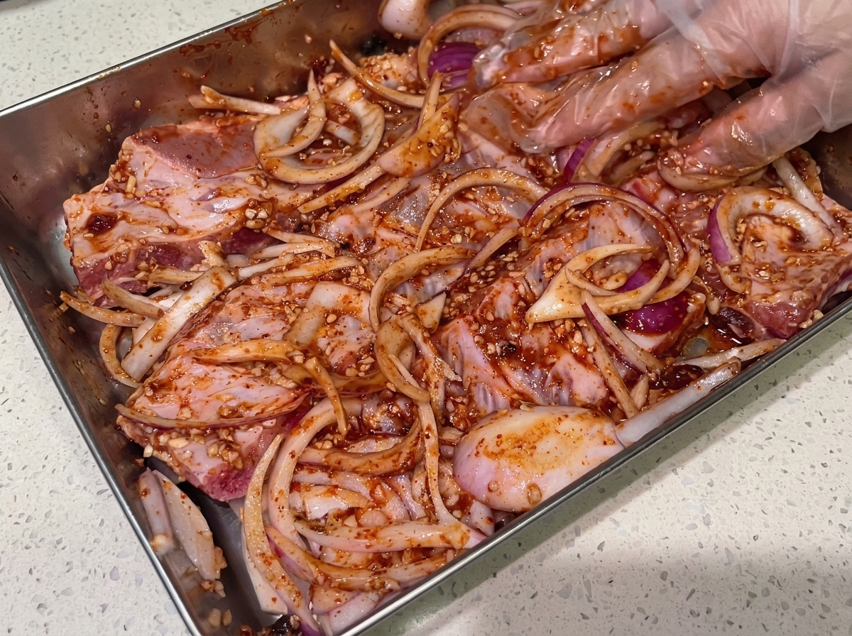 Des mains gantées mélangeant et frottant activement une marinade rouge foncé de manière homogène sur des travers de porc crus et des oignons rouges tranchés.