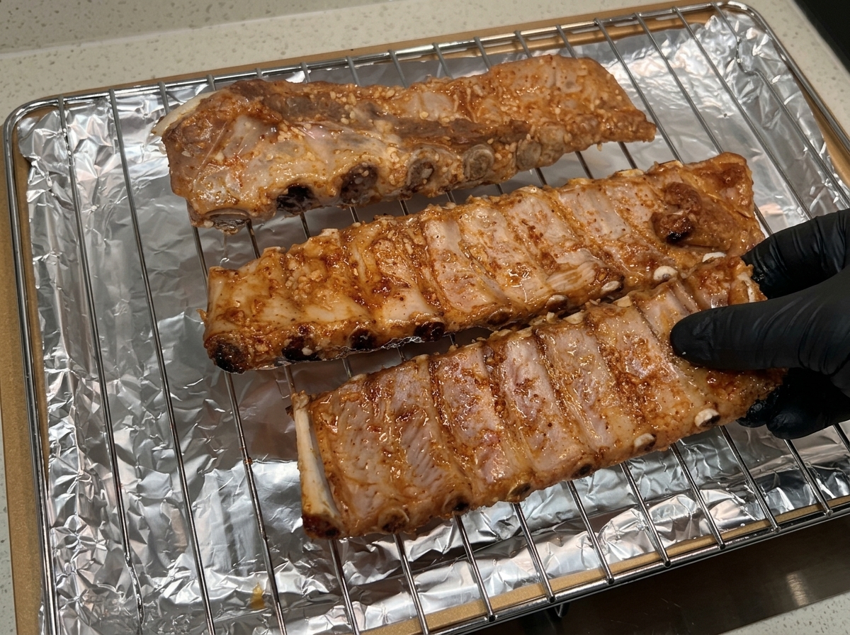 Une main gantée transférant trois morceaux de travers de porc partiellement rôtis du papier aluminium vers une grille de cuisson en fil de fer.