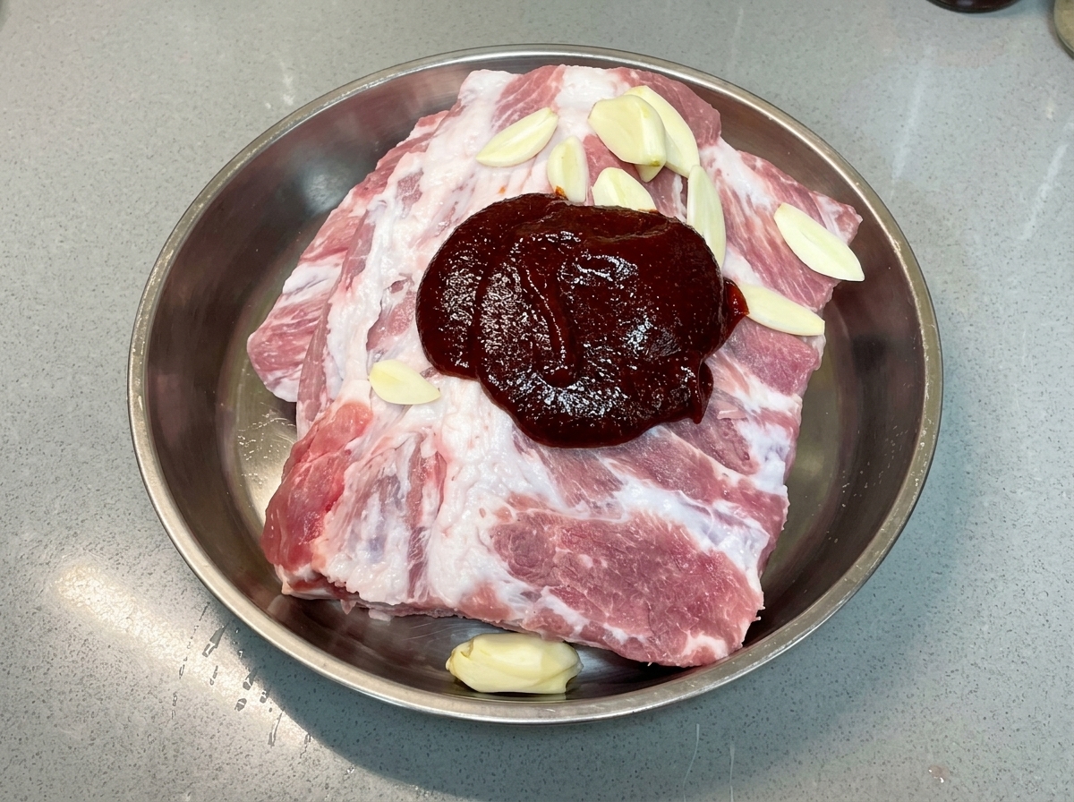 Sauce huître versée sur le tas de sauces situé sur le dessus des travers de porc crus.