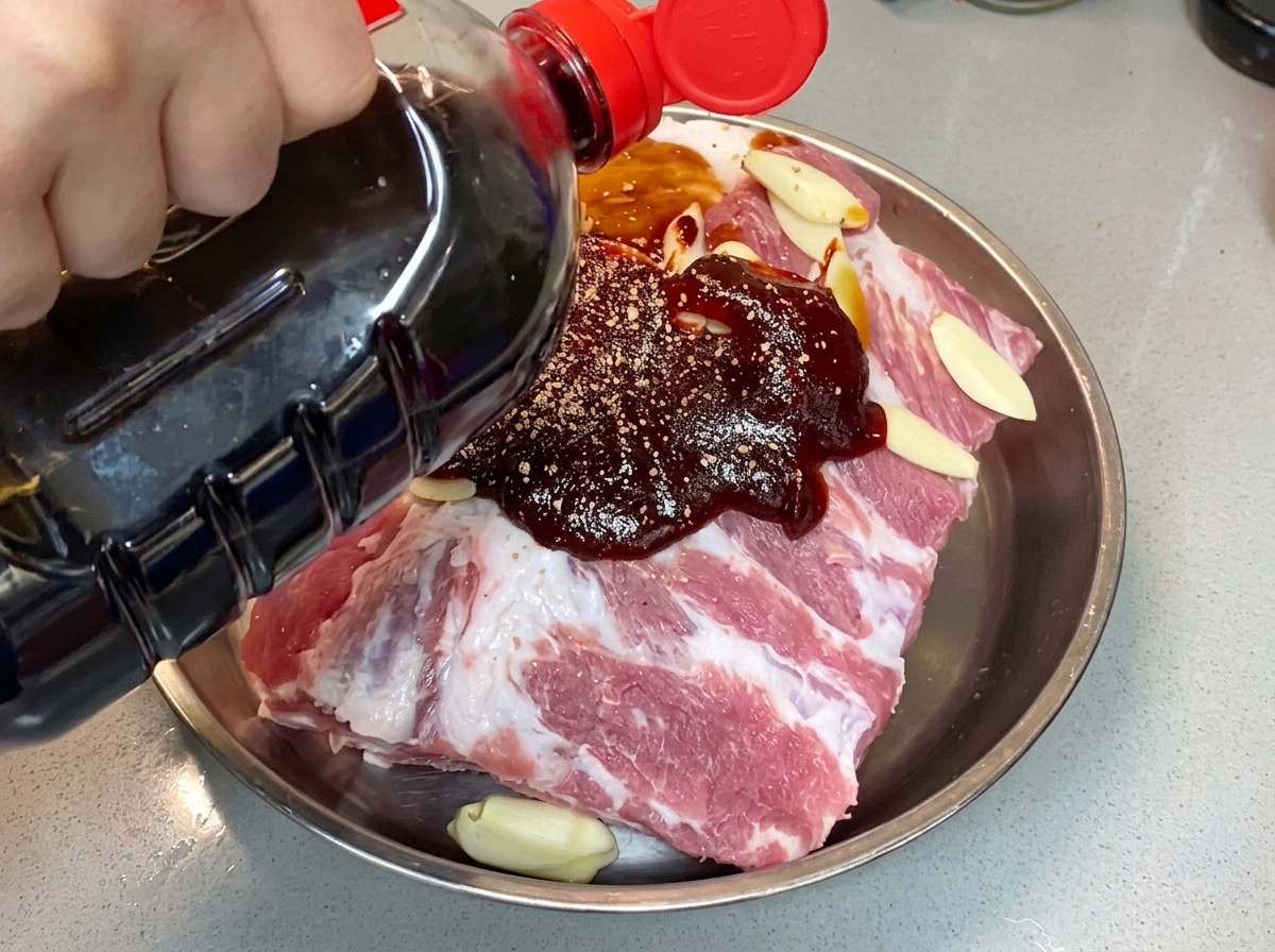 Sauce soja claire versée dune bouteille sur les travers de porc assaisonnés.