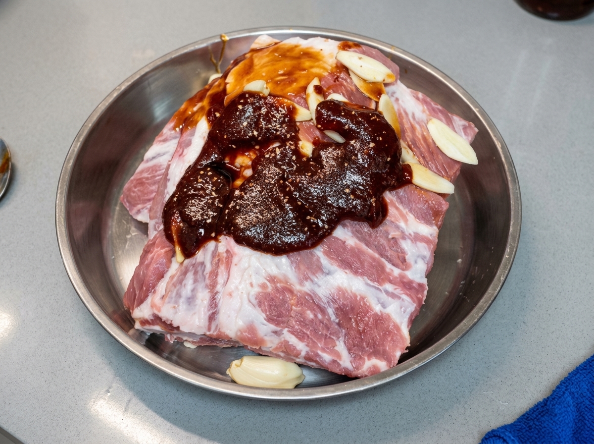 Sel saupoudré sur les travers de porc assaisonnés dans un plat en métal.