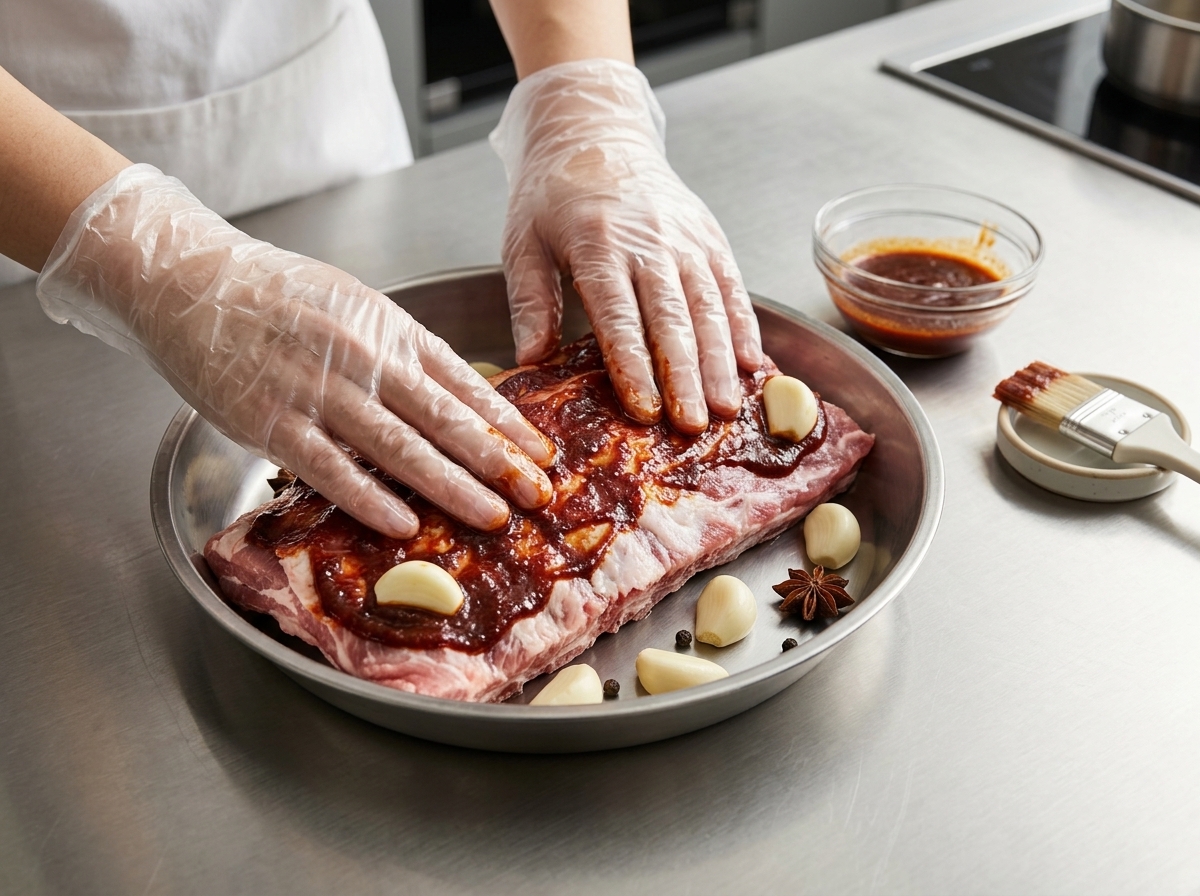 Mains portant des gants jetables transparents frottant la marinade sombre et lail sur les travers de porc à lintérieur dun bol en métal.