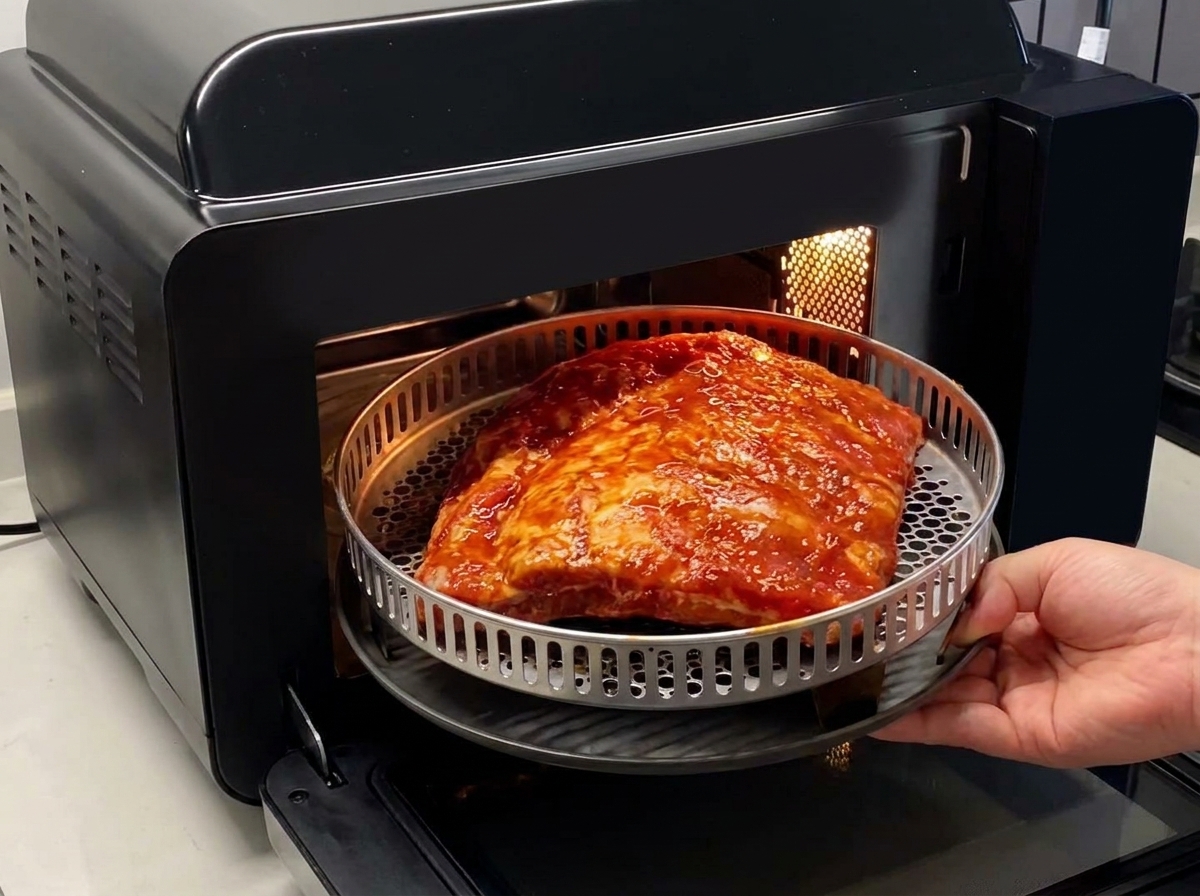 Une plaque de cuisson contenant des travers de porc assaisonnés en train dêtre enfournée dans le compartiment ouvert dun four noir.