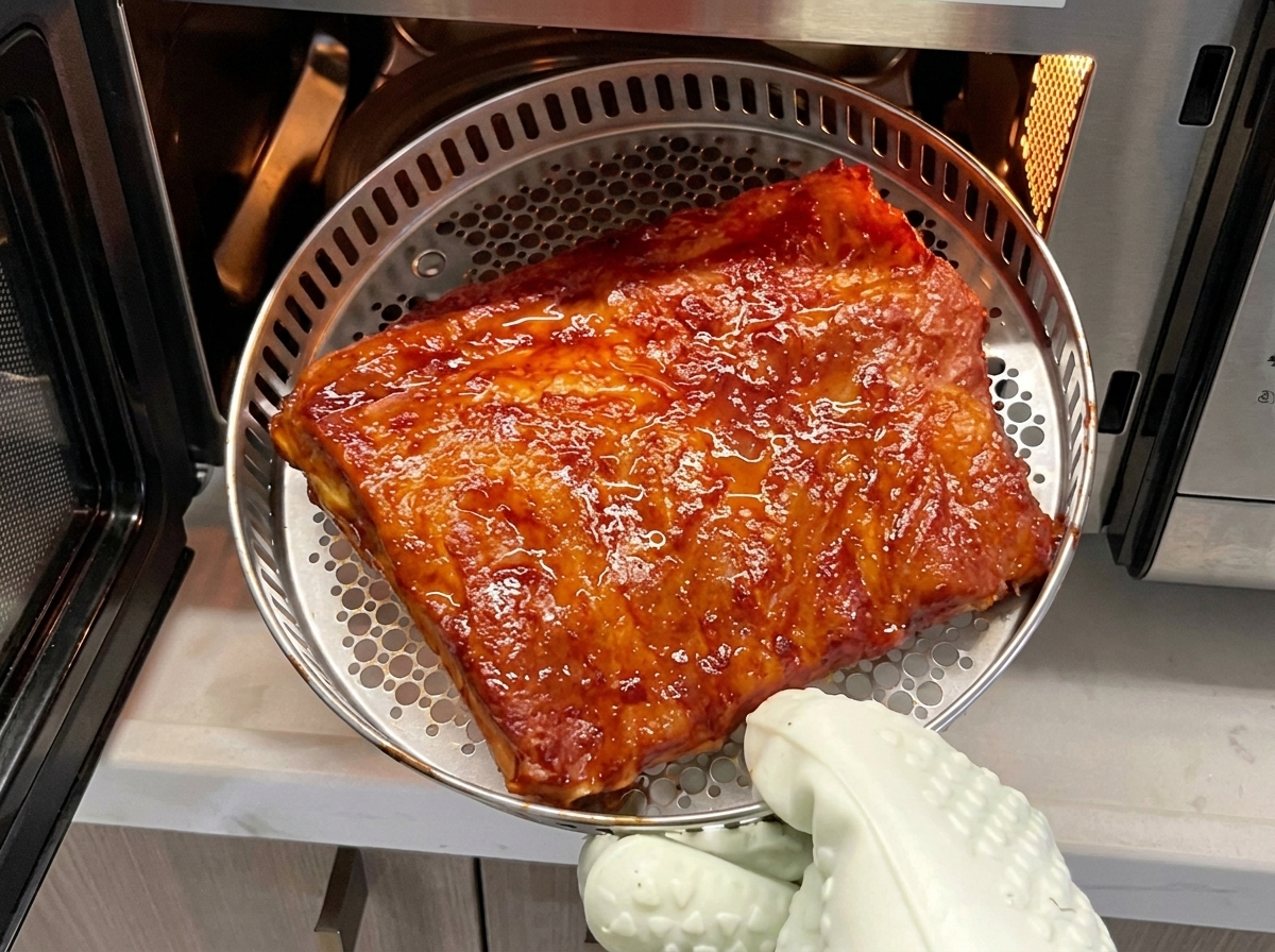 Travers de porc retournés dans un panier de cuisson à laide de pinces de cuisine à lintérieur dun four.